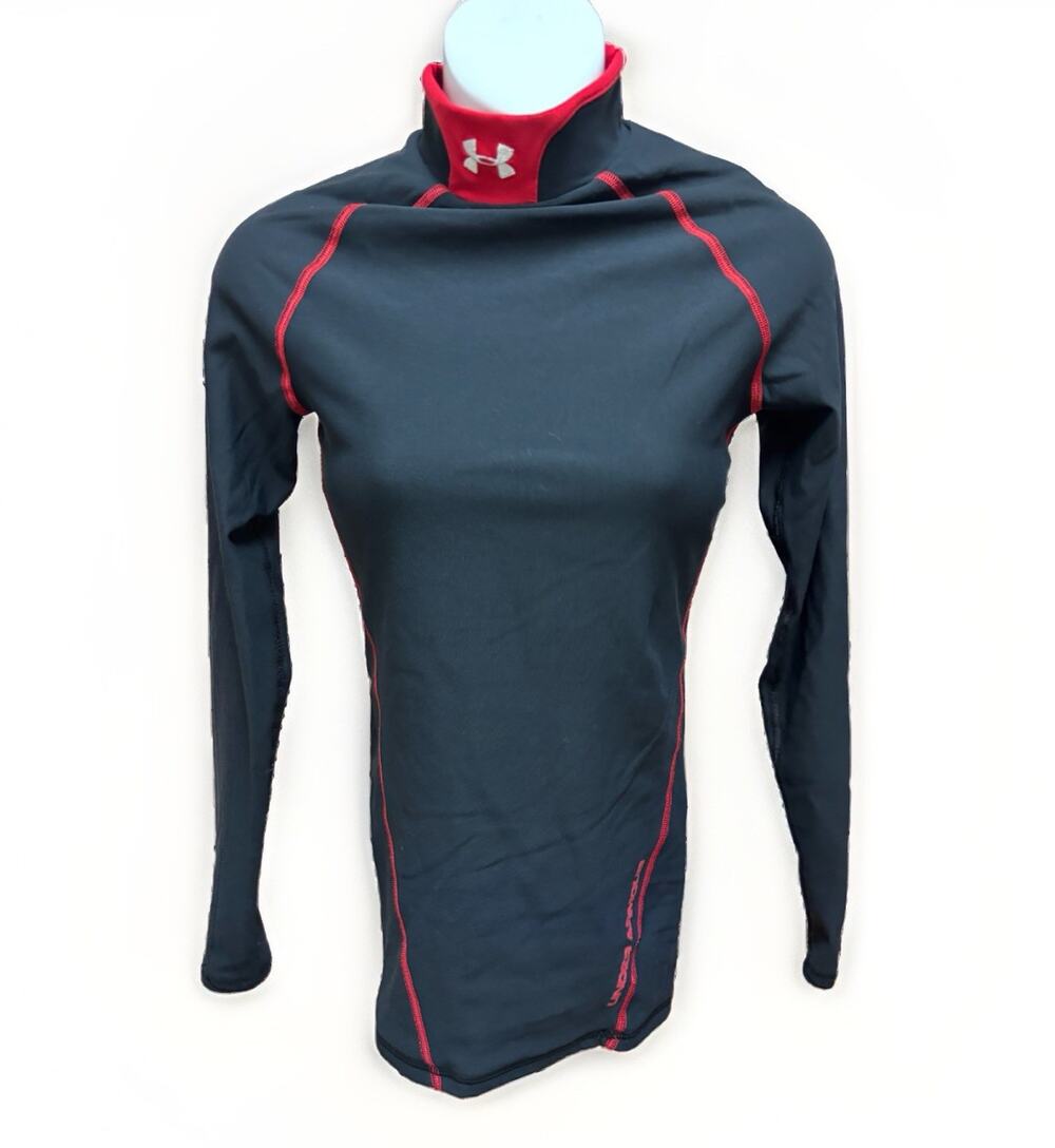 Under Armour ColdGear Womens S Compression Mock Neck Base Layer Black Red Top